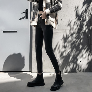 烟灰色加绒高腰牛仔裤