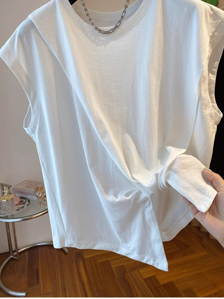 夏时尚新款宽松显瘦飞飞袖韩版小众设计感扭结飞肩无袖T恤女上衣 - 图0