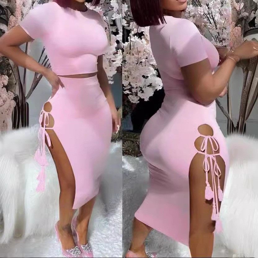 欧美夏季女装短袖上衣套装漏腰紧身性感系带开叉中长包臀裙,淘宝优惠券,粉丝福利购,淘宝优惠卷