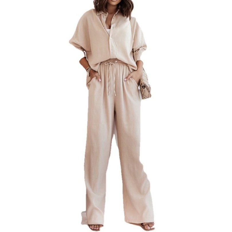 跨境欧美女装亚马逊新款 潮流宽松衬衫阔腿时尚套装女两件套,淘宝优惠券,粉丝福利购,淘宝优惠卷