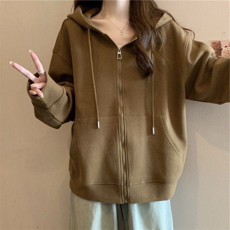 灰色实拍开衫连帽卫衣女秋季宽松显瘦学生休闲华夫格纯色上衣,淘宝优惠券,粉丝福利购,淘宝优惠卷