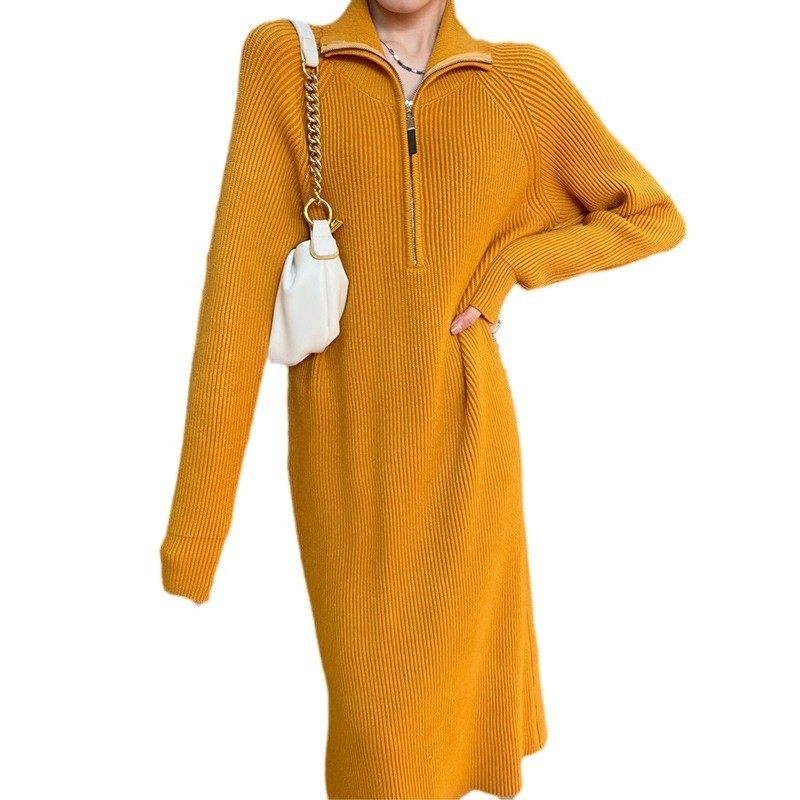 日系慵懒风过膝中长款翻领宽松毛衣裙女秋冬内搭打底针织连衣裙女,淘宝优惠券,粉丝福利购,淘宝优惠卷