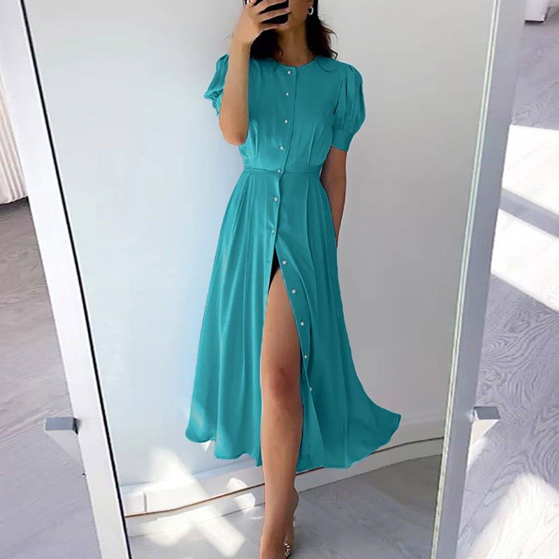 跨境亚马逊新款欧美女装气质通勤高腰纯色时尚开叉欧美连衣裙,淘宝优惠券,粉丝福利购,淘宝优惠卷