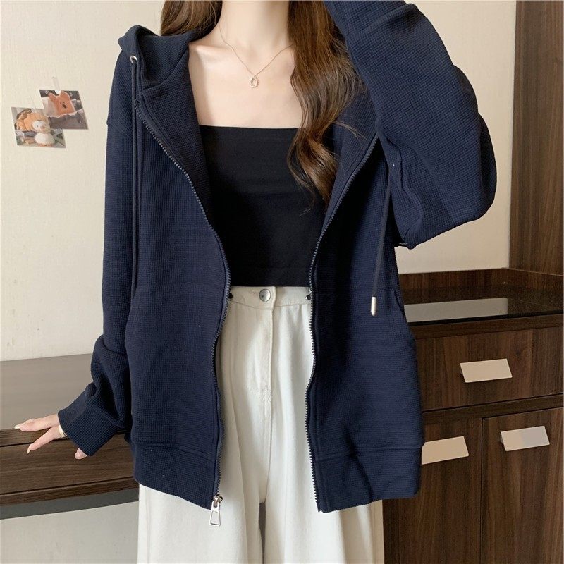 灰色实拍开衫连帽卫衣女秋季宽松显瘦学生休闲华夫格纯色上衣,淘宝优惠券,粉丝福利购,淘宝优惠卷