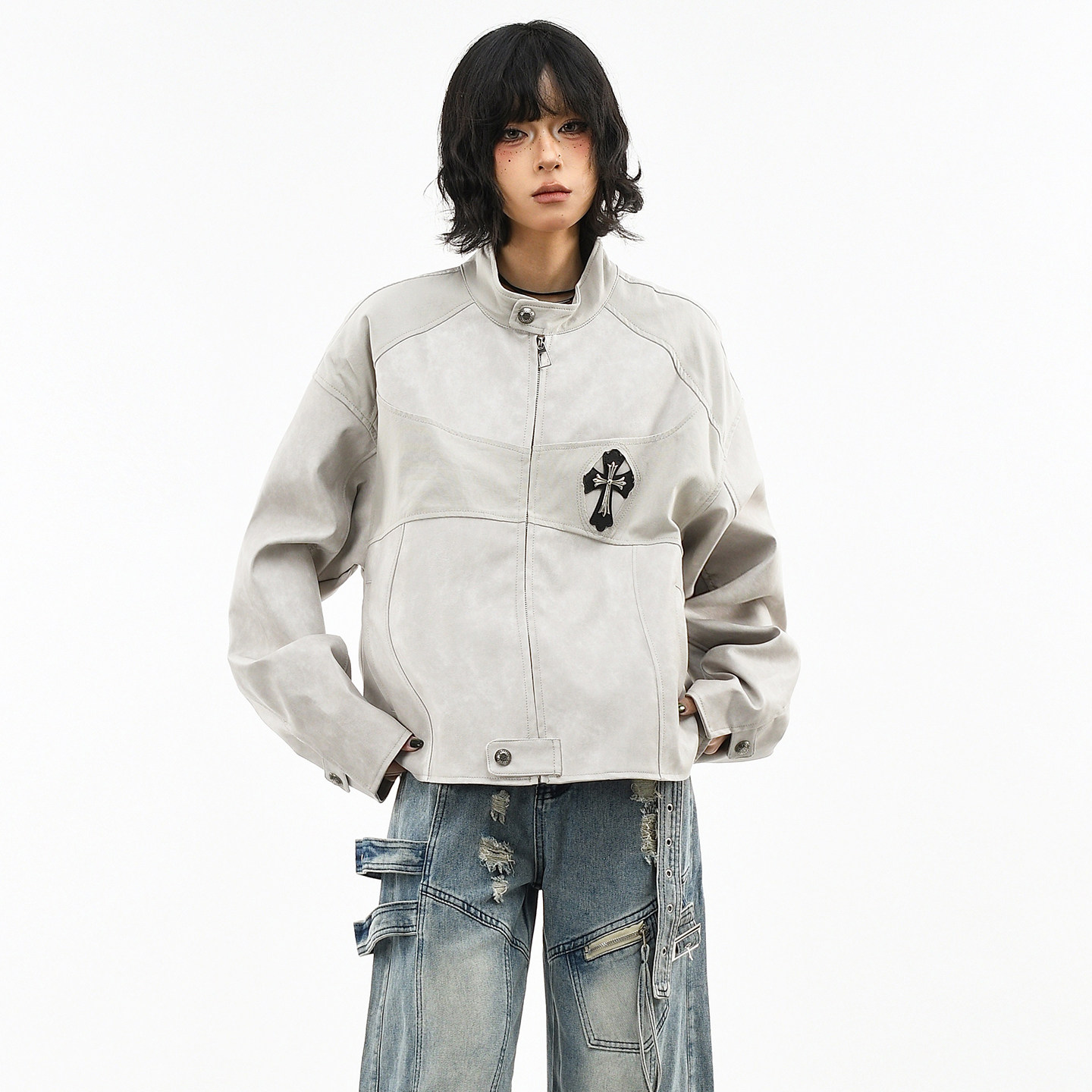 OV原创美式十字架金属扣PU皮衣外套女春季解构宽松短款机车夹克潮,淘宝优惠券,粉丝福利购,淘宝优惠卷