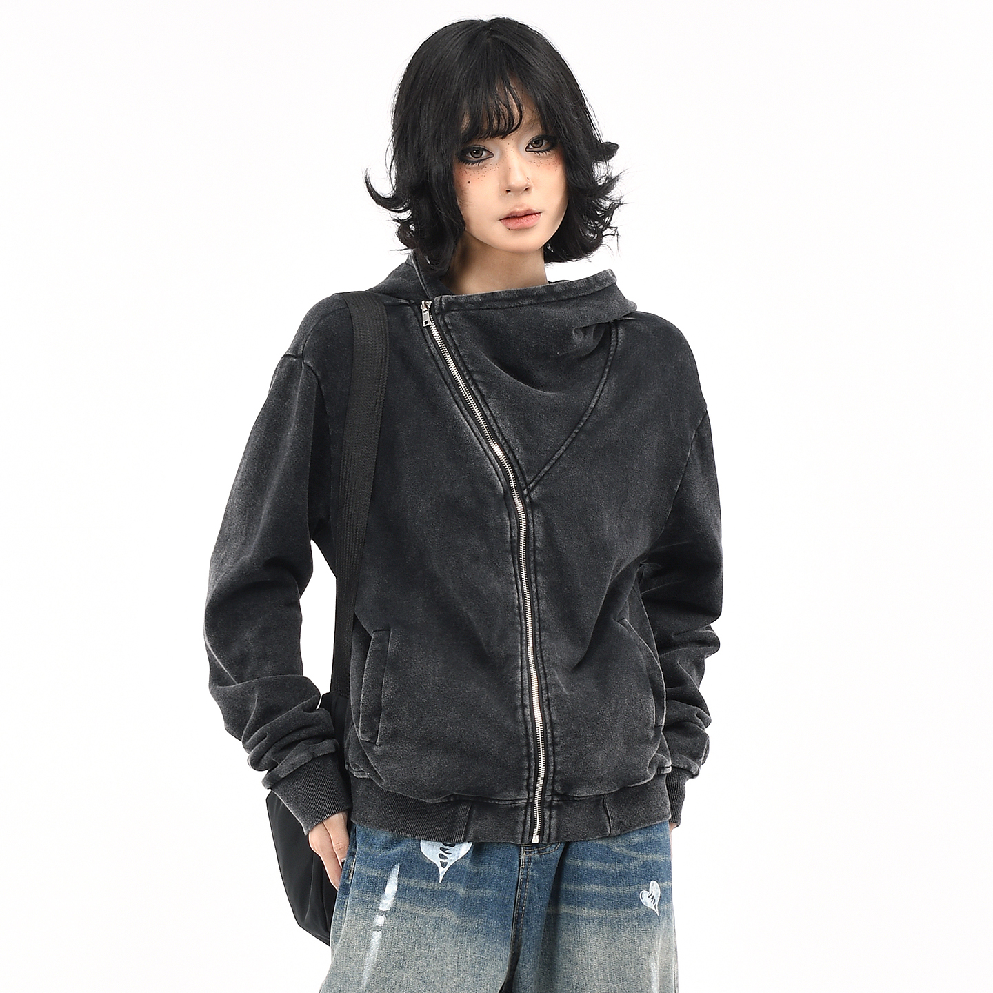 OV原创美式复古做旧水洗短款连帽卫衣女秋季宽松斜拉链开衫外套潮 - 图1