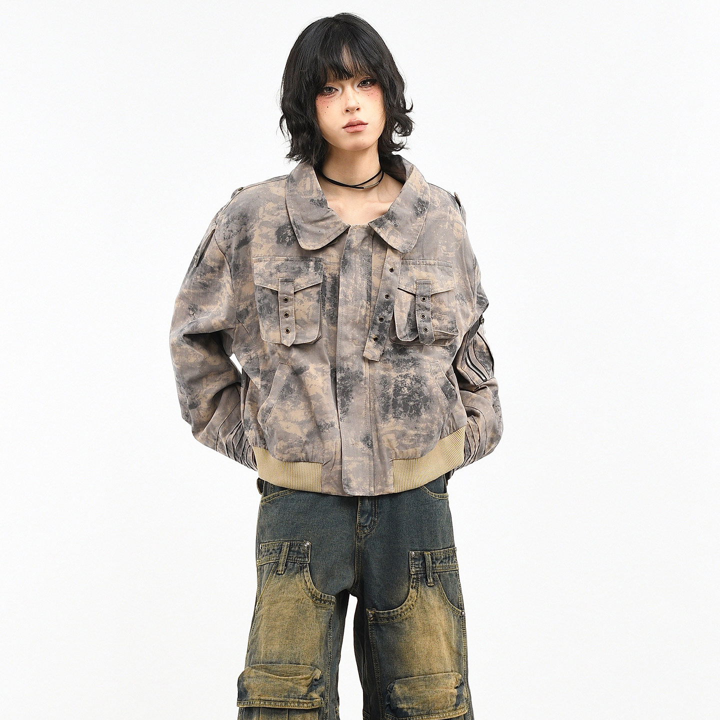 OV原创高街亚文化扎染水洗翻领外套女春季宽松短款廓形工装夹克潮,淘宝优惠券,粉丝福利购,淘宝优惠卷