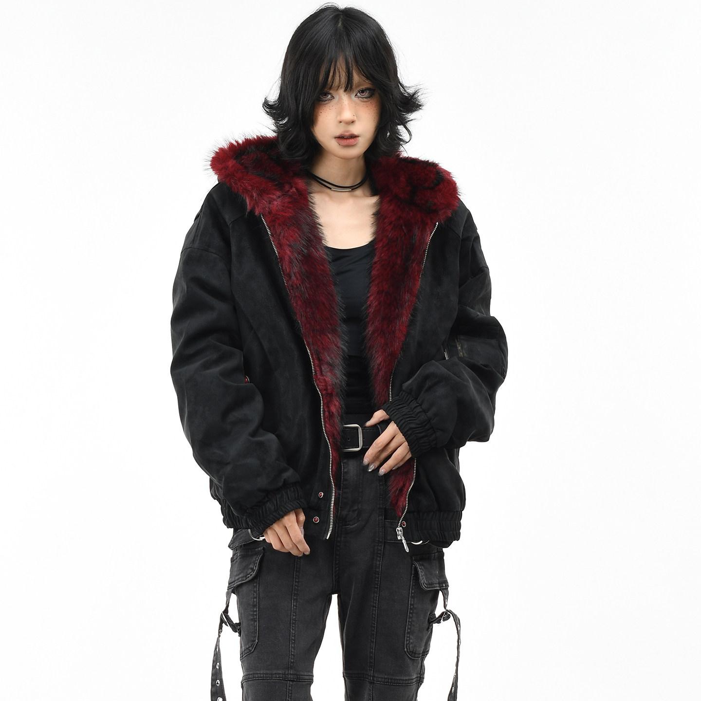 OV原创美式复古座山雕毛领连帽棉服女冬季宽松PU皮加厚棉衣外套男,淘宝优惠券,粉丝福利购,淘宝优惠卷