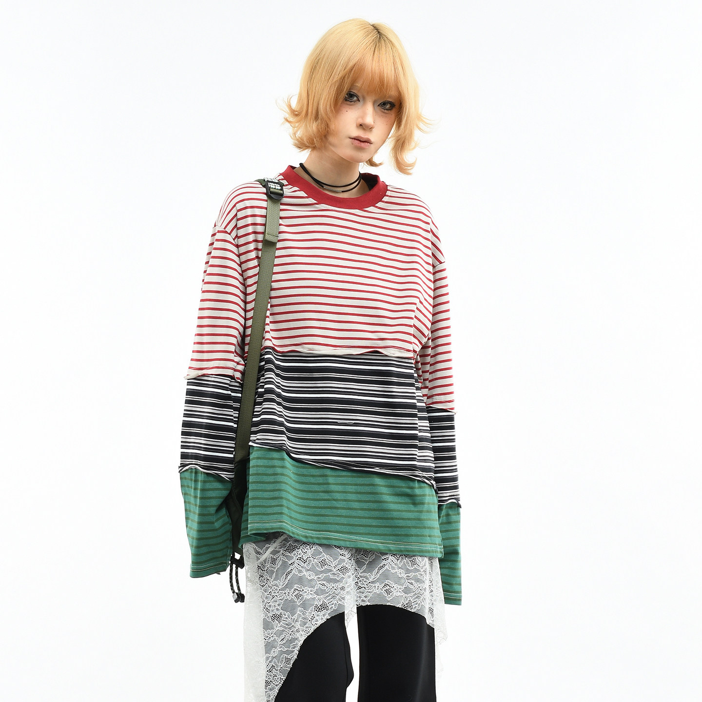 OV原创/美式复古撞色条纹长袖T恤女春季剪裁设计感宽松叠穿上衣男,淘宝优惠券,粉丝福利购,淘宝优惠卷