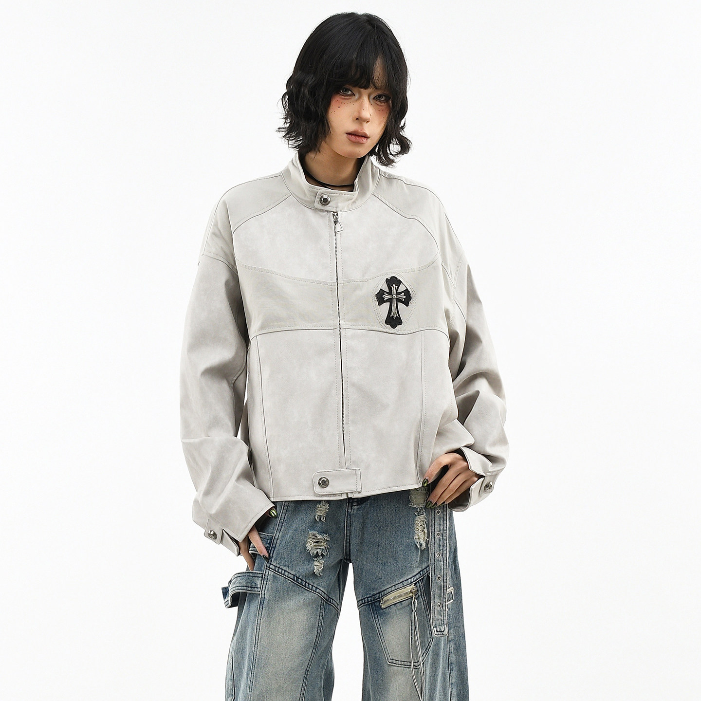 OV原创美式十字架金属扣PU皮衣外套女春季解构宽松短款机车夹克潮,淘宝优惠券,粉丝福利购,淘宝优惠卷