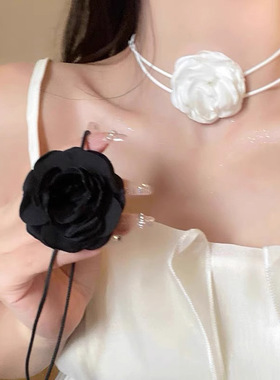 玫瑰花项链女生款choker颈花黑色花朵项圈颈带山茶花脖子配饰颈链