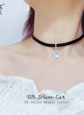 逆环纯银牛皮锁骨链女真皮项圈