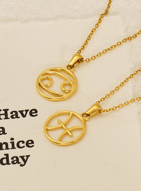 跨境新款时尚钛钢项链十二星座个性镂空吊坠十字链时尚设计男女款