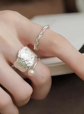 镀s925纯银双层珍珠戒指女2025新款小众设计轻奢感复古开口环