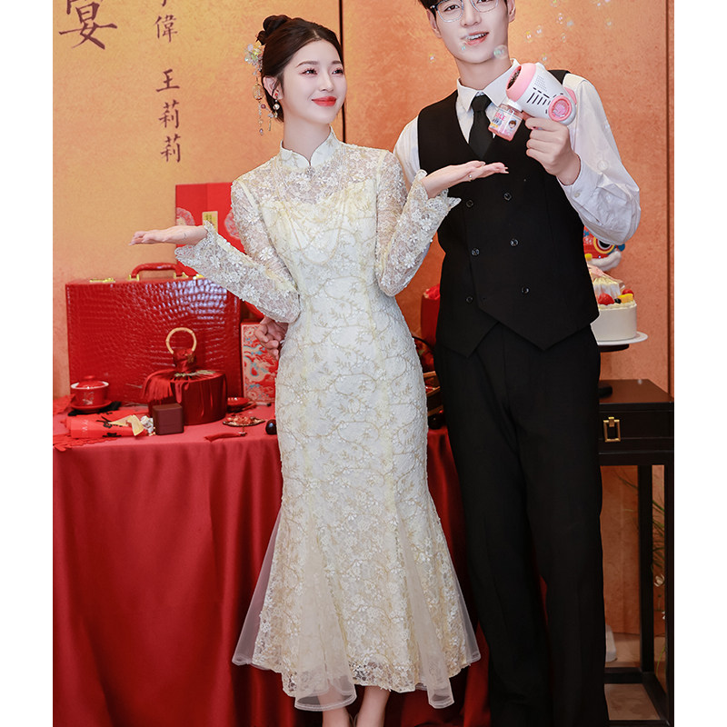 白色新中式旗袍订婚礼服鱼尾裙2025新款蕾丝轻婚纱敬酒服新娘绝美,淘宝优惠券,粉丝福利购,淘宝优惠卷