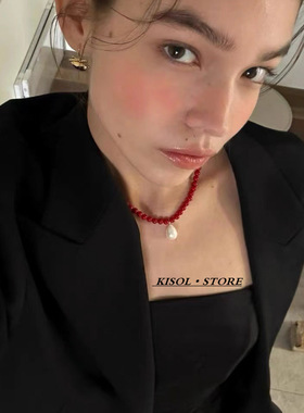 KISOL超火红色串珠水滴珍珠项链~