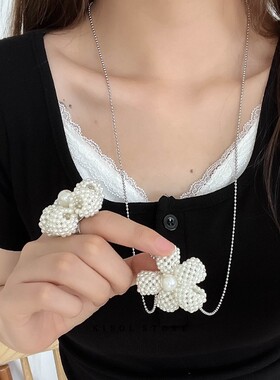 KISOL韩系白色花朵米珠项链指环~