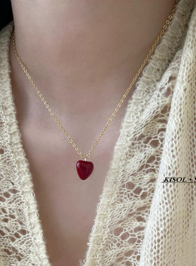 KISOL小众轻奢红色爱心钛钢颈链~