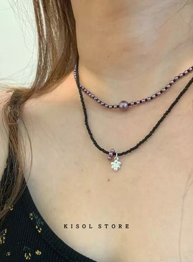 KISOL甜酷黑色花朵串珠锁骨链潮~