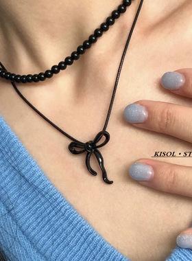KISOL纯欲风黑色蝴蝶结串珠颈链~