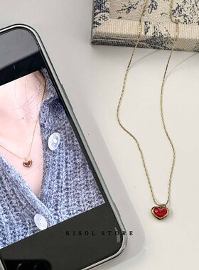 KISOL日常经典红色钛钢爱心颈链~