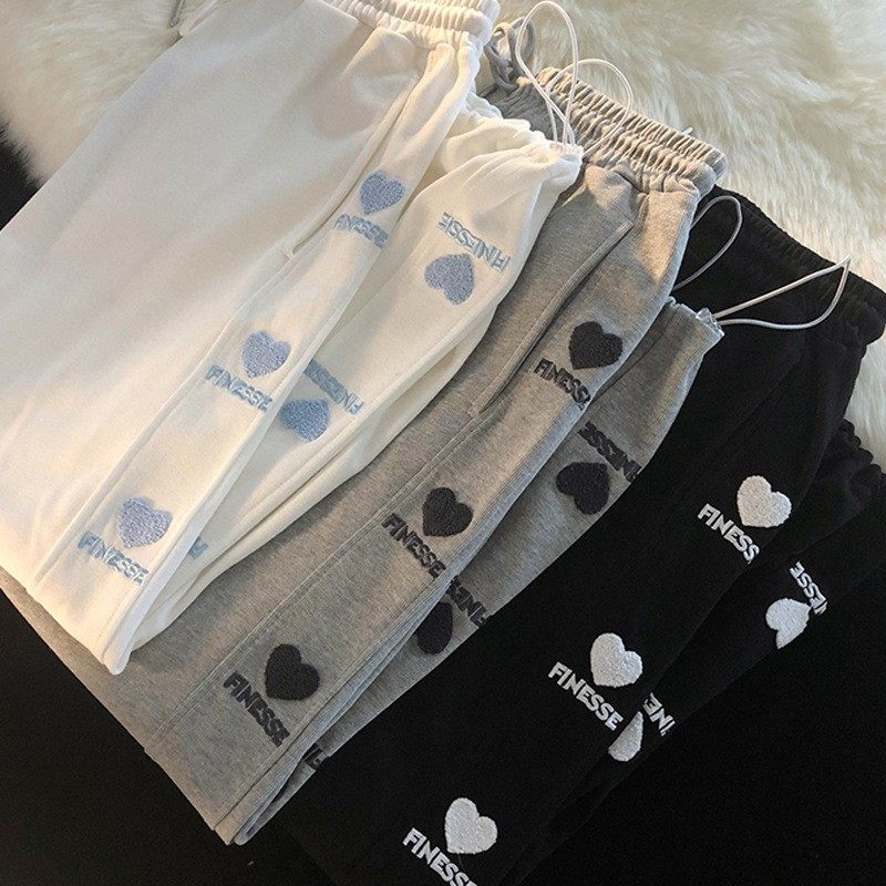 休闲刺绣运动裤女加绒春秋冬高腰阔腿宽松束脚长裤子薄款卫裤,淘宝优惠券,粉丝福利购,淘宝优惠卷