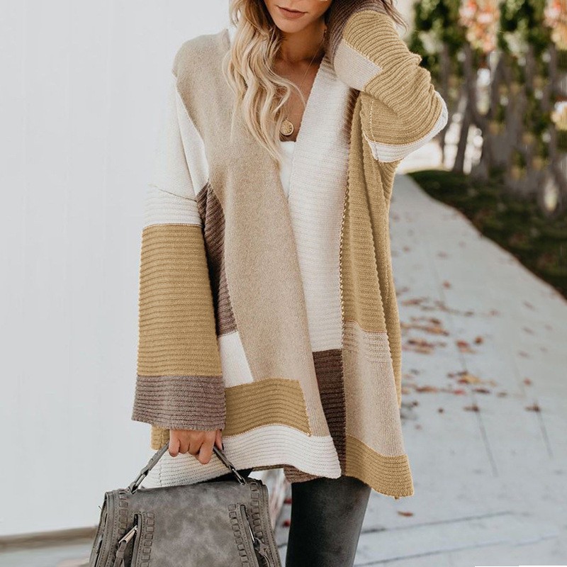 秋冬款外贸毛衣女欧美亚马逊大码宽松几何拼色毛衣开衫 - 图1