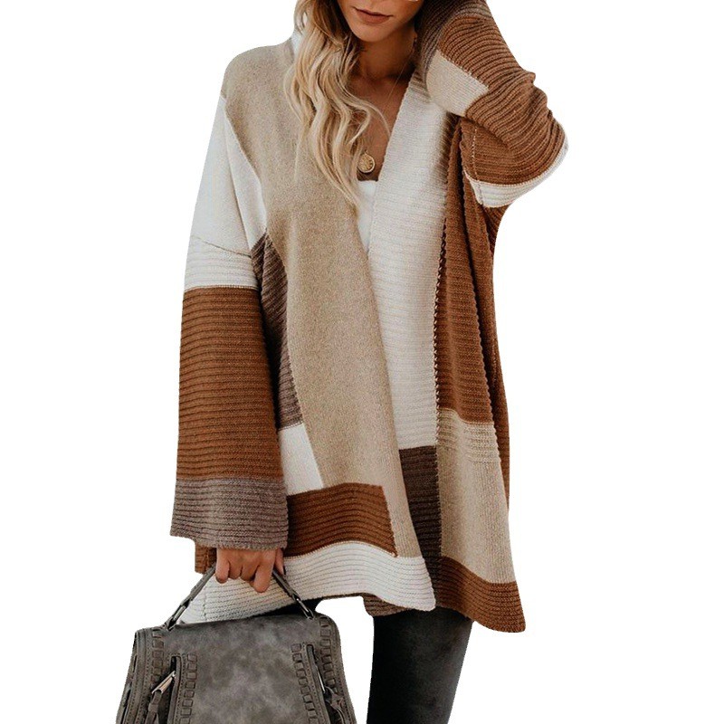 秋冬款外贸毛衣女欧美亚马逊大码宽松几何拼色毛衣开衫 - 图3