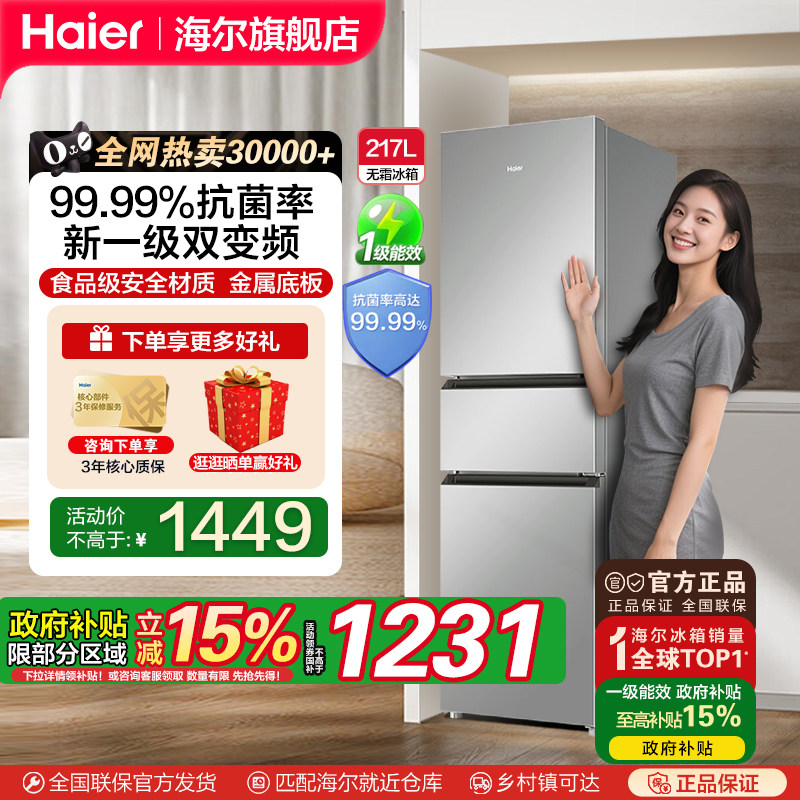 海尔新一级变频两门风冷无霜家用电冰箱黑金净化出租房小型217L