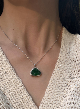 纯银女天然翡翠绿项链玉佛项链