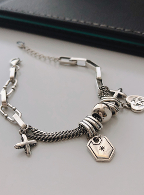 925纯银复古十字架手链女