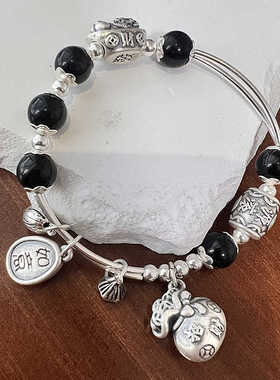 情侣手链纯银黑玛瑙手串转运珠女