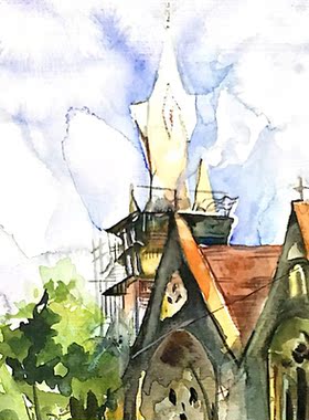 樊小渭 北欧轻奢装饰画城市建筑抽象挂画玄幻玄关壁画原创水彩画