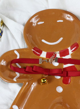 圣诞节日金色铃铛酒红色蝴蝶结项链项圈锁骨链choker百搭简约少女