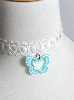 y2k蝴蝶白色粉蓝紫个性酷夜店项链锁骨链颈饰项圈蕾丝花边choker