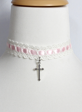 十字架蕾丝花边choker白蓝黑粉项链锁骨链颈饰项圈Lolita女仆修女