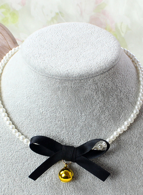 黑色蝴蝶结金色大铃铛仿珍珠项链锁骨链饰品Lolita猫女仆少女甜妹