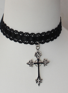 夸张大号十字架蕾丝颈饰项链锁骨链choker甜酷辣妹粉蓝白黑Lolita