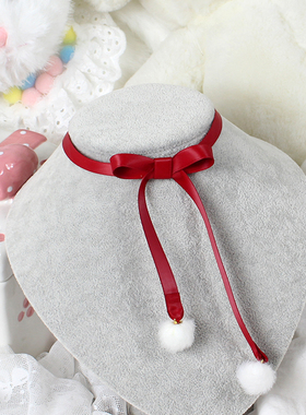 圣诞结&毛绒球锁骨链项链酒红氛围感少女choker双层可爱秋冬百搭