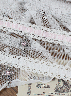 粉白蕾丝巴洛克风十字架锁骨链项链项圈choker修女仆甜美少女配饰