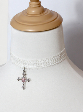 粉白十字架蕾丝项链锁骨链颈饰品环choker甜美可爱少女修女巴洛克