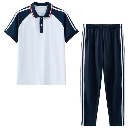 夏季初中高中生班服运动服套装小学生男女蓝白校服短袖长裤两件套 - 图2