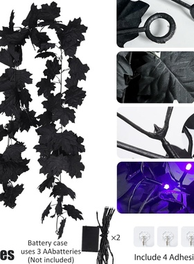 亚马逊新品带紫灯黑色万圣节装饰家居室内仿真万圣节枫叶藤条