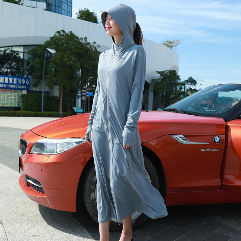 长款夏连帽过膝防紫外线风衣防晒衣 曲纪短外套