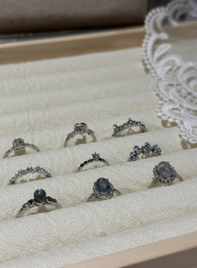 GEWU2024年新款天然水晶戒指海蓝宝灰月光简约时尚气质冷淡风开口