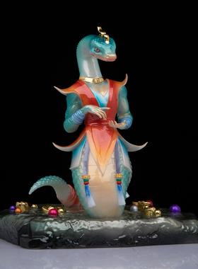 狐黄常蟒真身汉白玉彩绘摆件