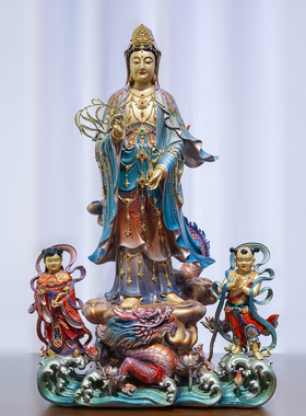 中式纯铜观音佛像金童玉女供奉