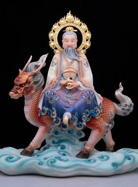 汉白玉彩绘骑兽三清道祖神像摆件