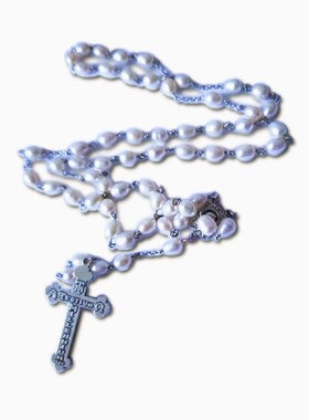 Natural Pearl Cross天然珍珠玫瑰念珠59颗玫瑰珍珠lotus长款项链