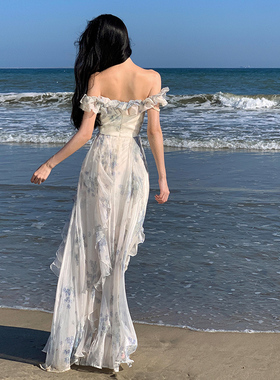 夏日海边度假风沙滩吊带裙纱法式荷叶边连衣长裙